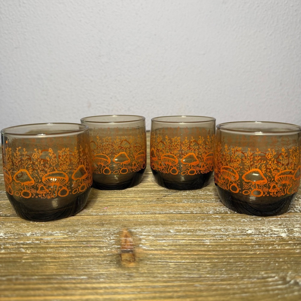 Vintage Mushroom Fairycore Lowball Glasses Set 4 Brown Orange Cottagecore Floral